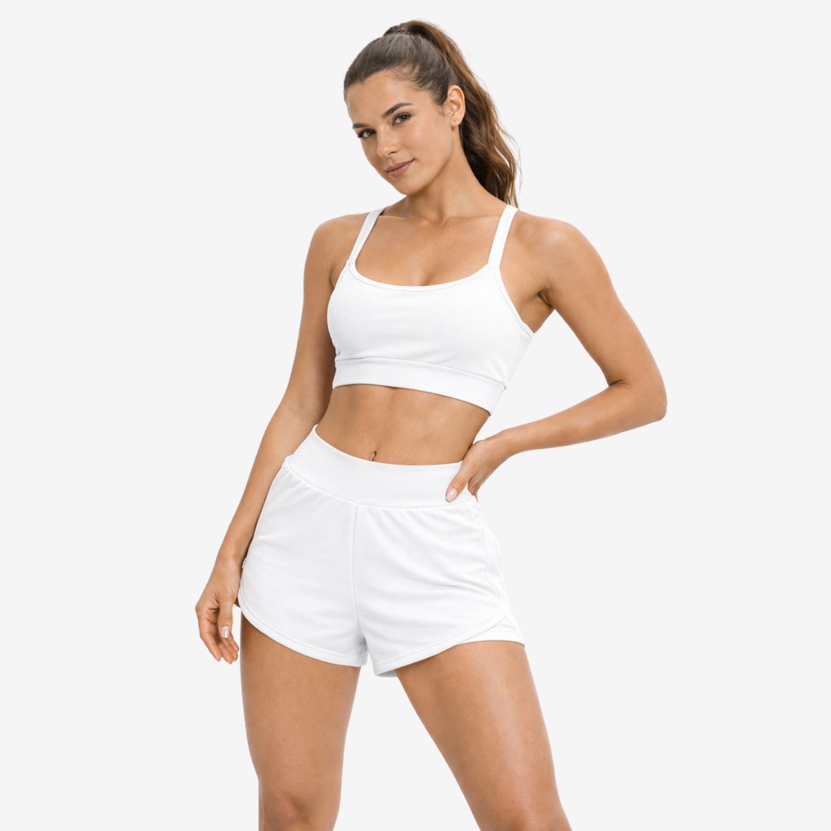 Conjunto Fitness Feminino Top e Shorts Duplo Branco