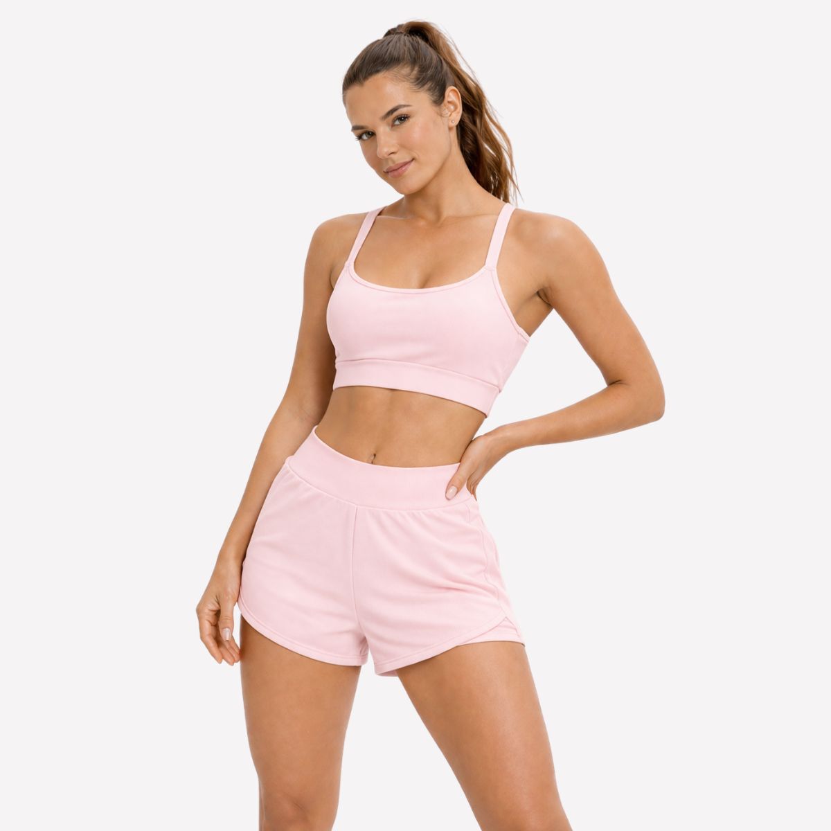 Conjunto Fitness Feminino Top e Shorts Duplo Rosa Claro