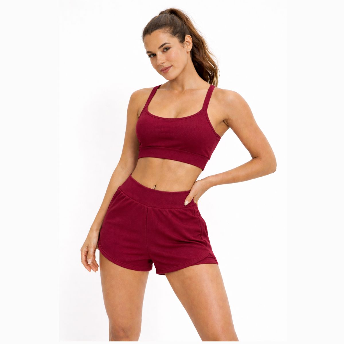 Conjunto Fitness Feminino Top e Shorts Duplo Vinho