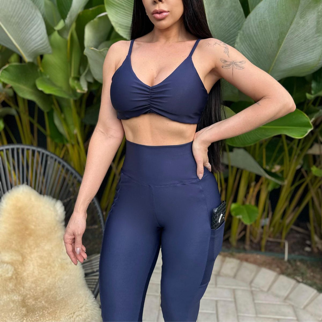 Conjunto Azul Marinho Top e Legging com Bolso